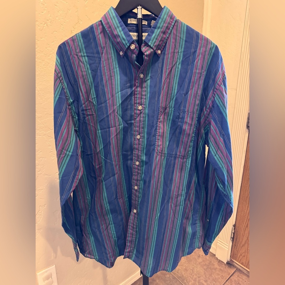 Vintage Streeple Chase Men's Striped Button-Down Shirt in Blue and Teal